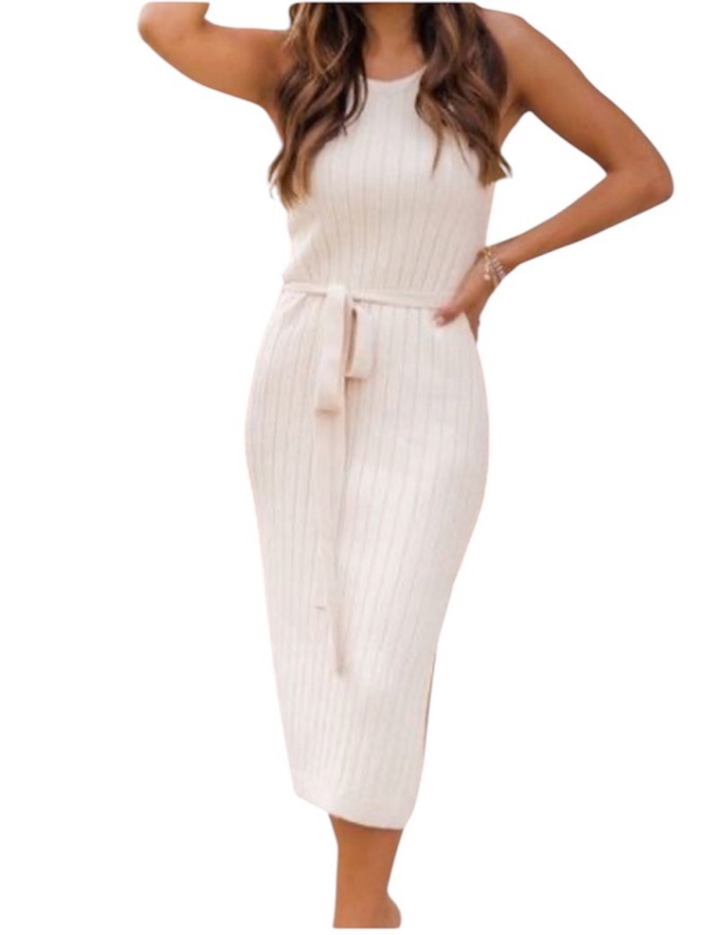 Pink Lily Sleeveless Ribbed Midi Sweater Dress in Cream